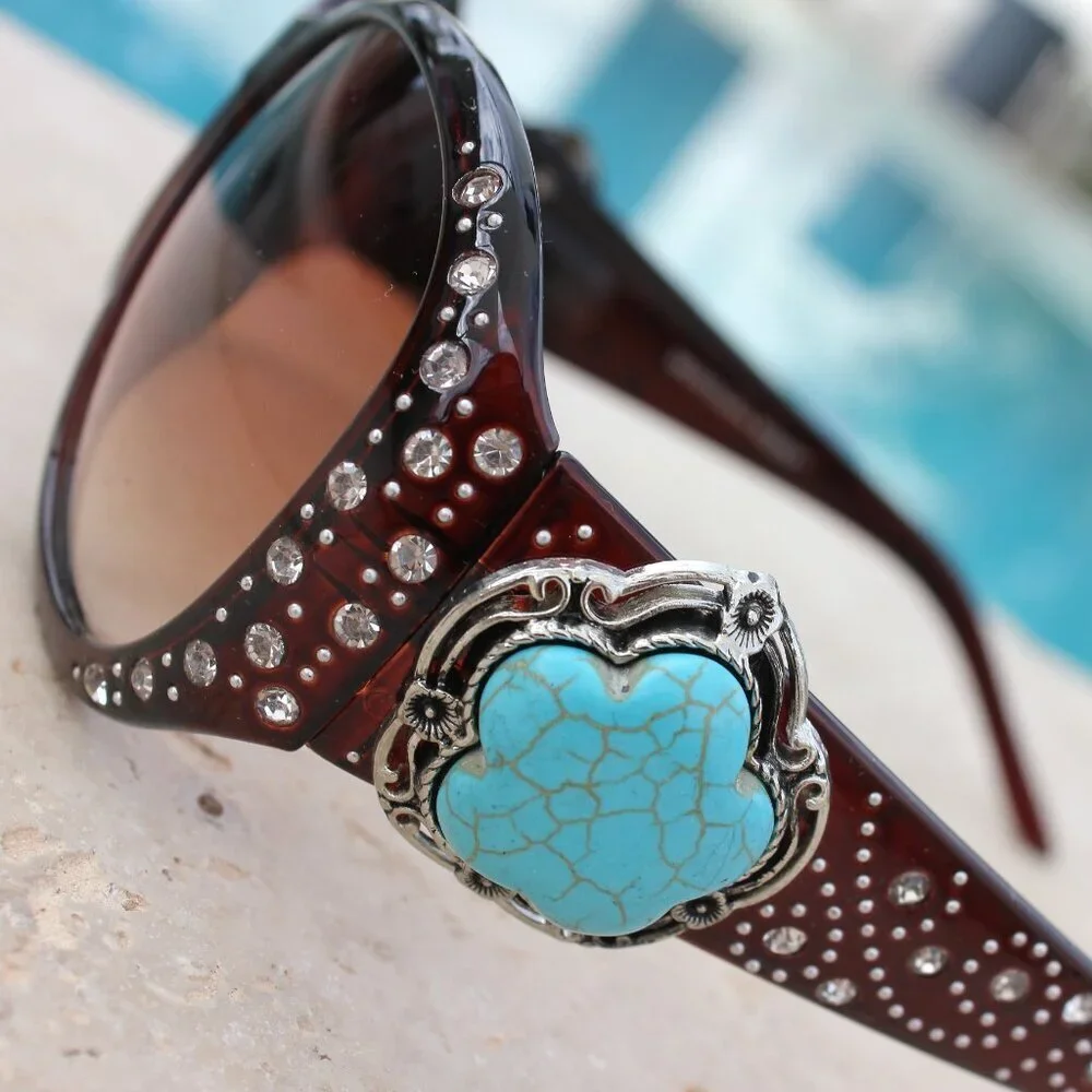 Montana West Sunglasses in Coffee w/Turquoise Flower Concho Accents